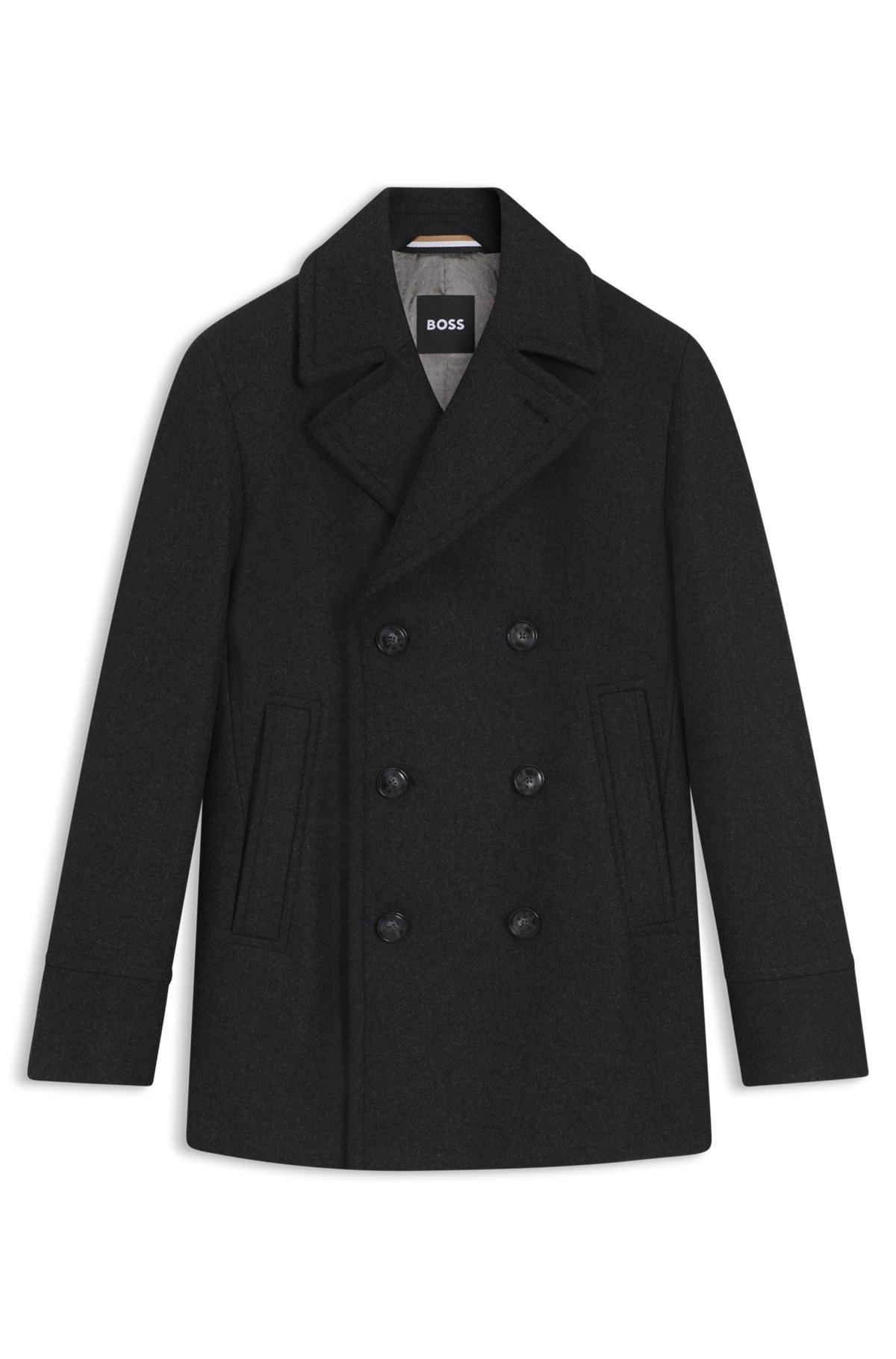 hbeu50536826_062-1 Slim-fit double-breasted short coat in a wool blend, Dark Grey