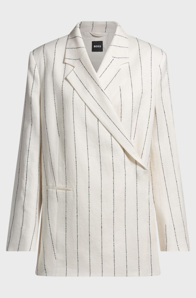 Relaxed-fit suit jacket in striped linen-blend bouclé, White Patterned