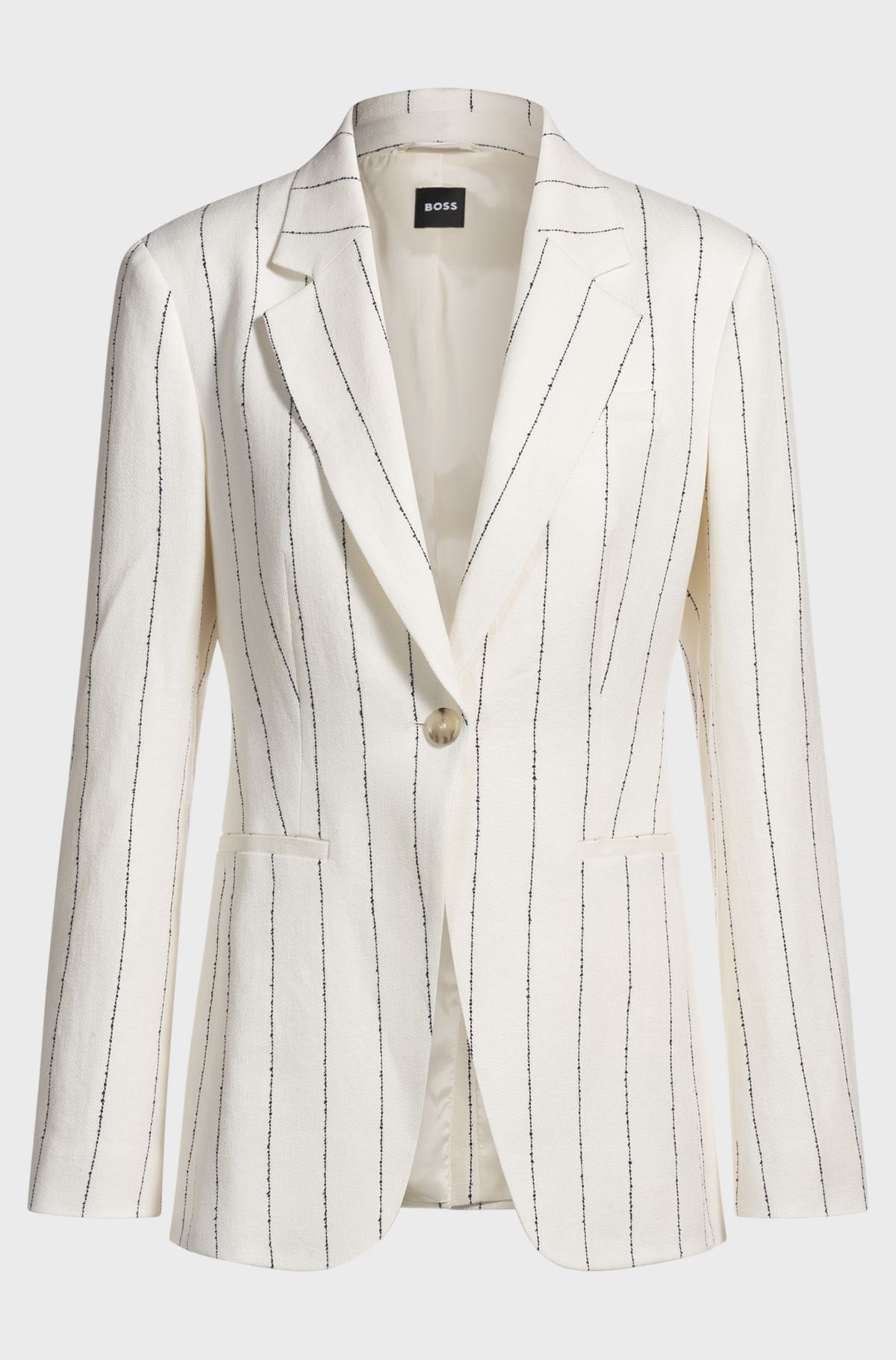 hbeu50537464_962 Slim-fit suit jacket in striped linen-blend bouclé, White Patterned
