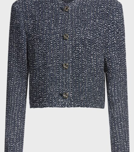 Collarless jacket in two-tone tweed, Blue Patterned