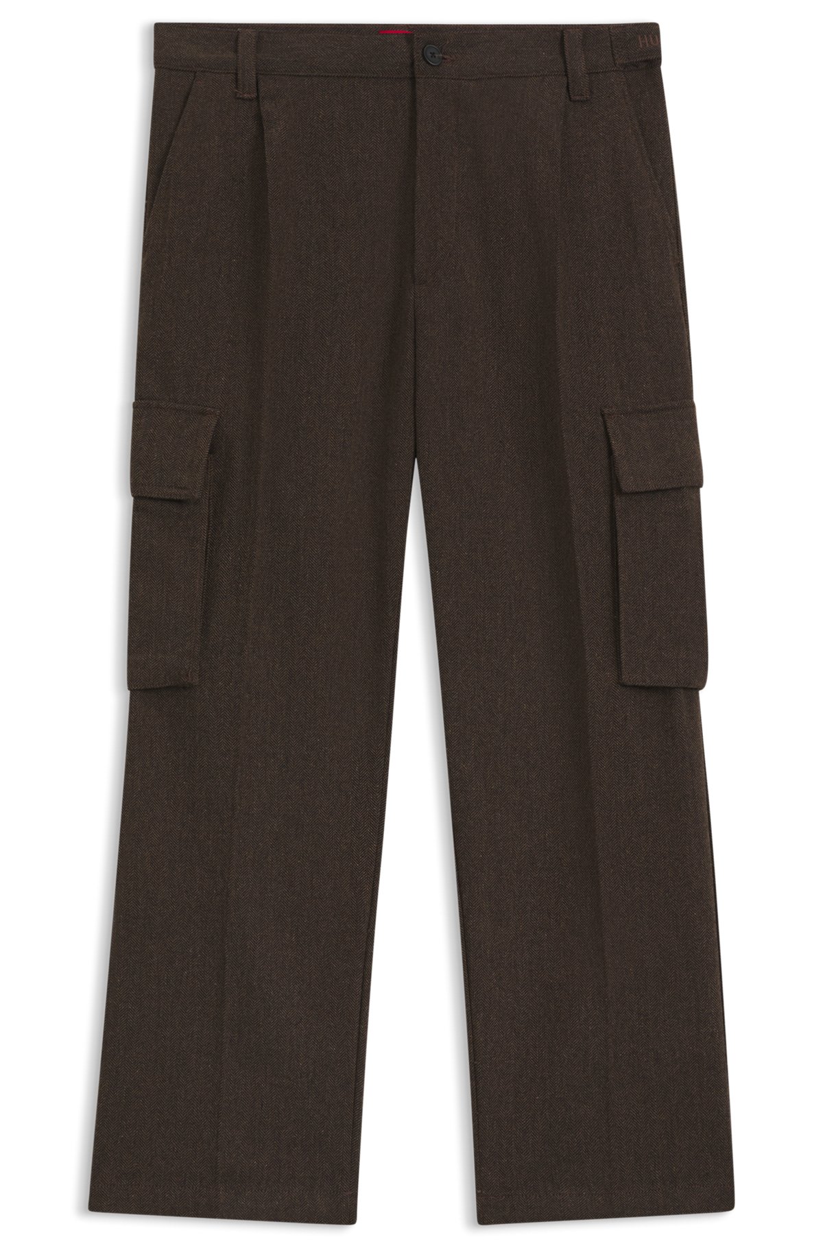 hbeu50541398_217-1 Slim-fit cargo trousers in herringbone fabric, Brown
