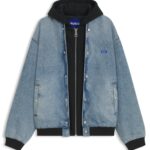 Denim bomber jacket with hooded jersey panel, Blue