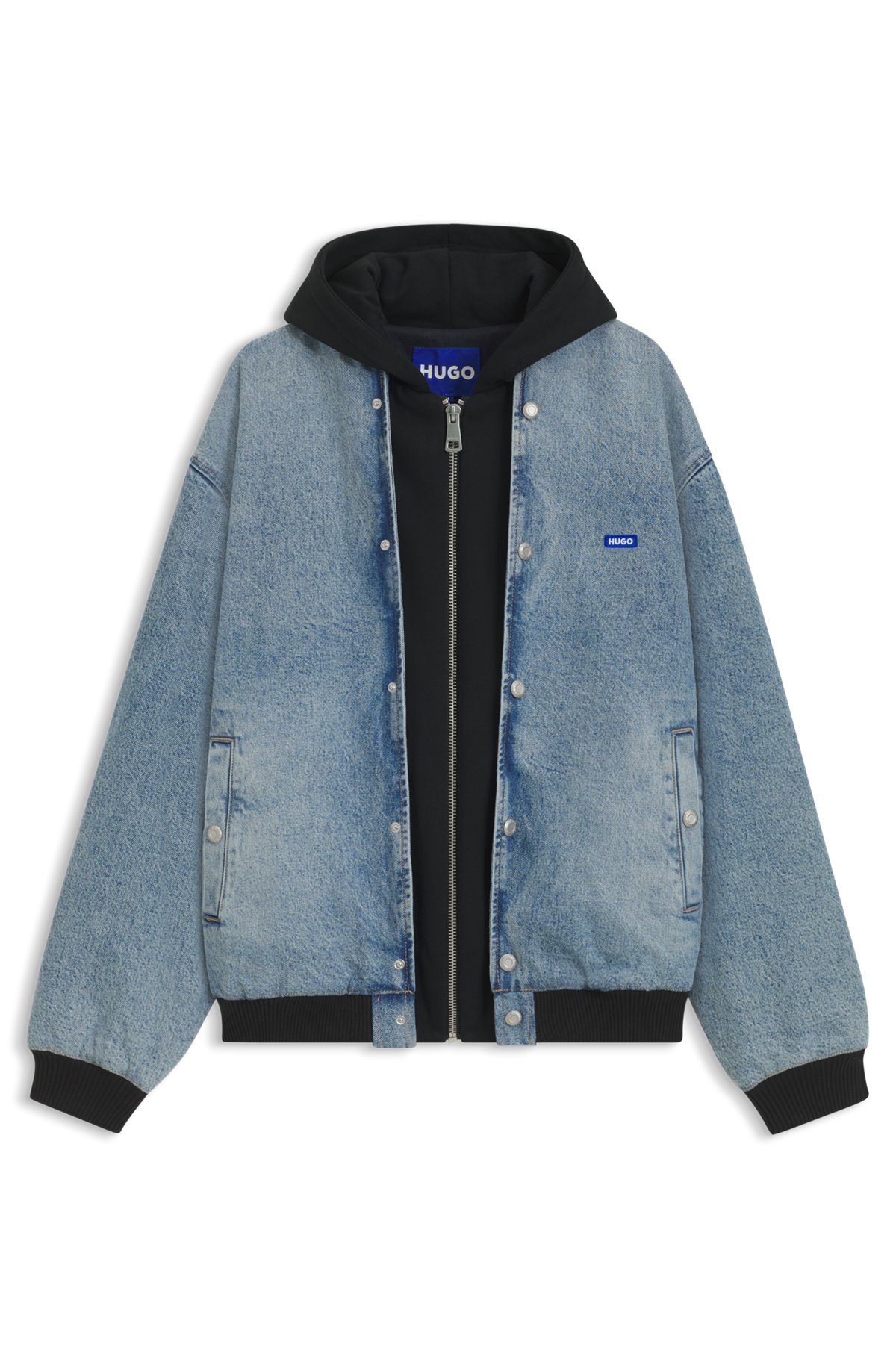 hbeu50541735_446-1 Denim bomber jacket with hooded jersey panel, Blue