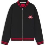 Oversized-fit cotton bomber jacket with collegiate logo embroidery, Black