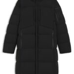 Long-length down jacket in water-repellent stretch fabric, Black