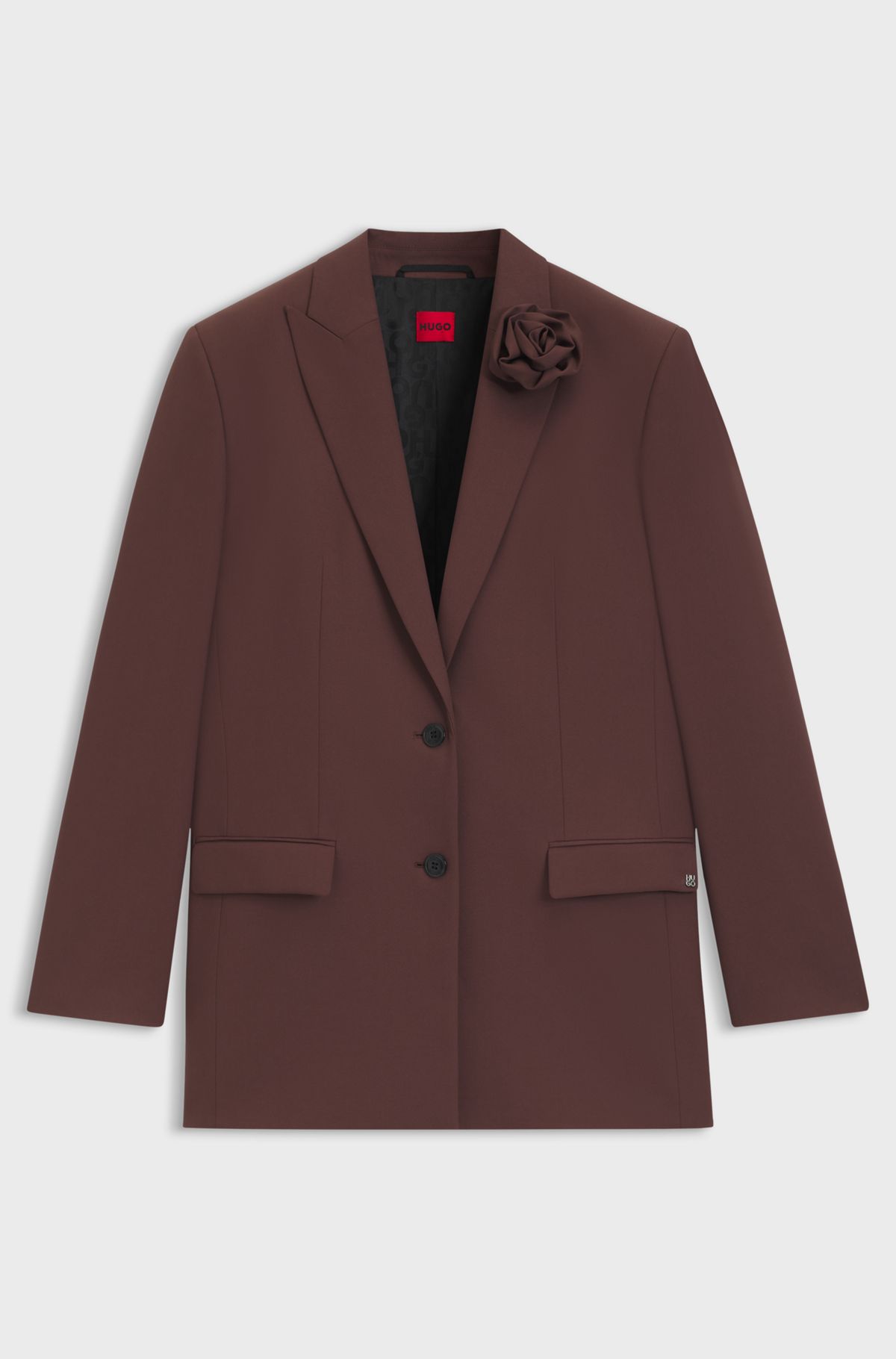 hbeu50544133_201 Relaxed-fit blazer with flower brooch, Dark Brown