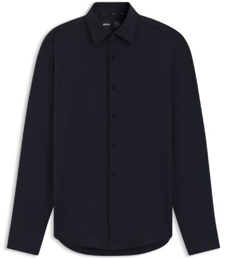 Slim-fit shirt in structured performance-stretch jersey, Dark Blue