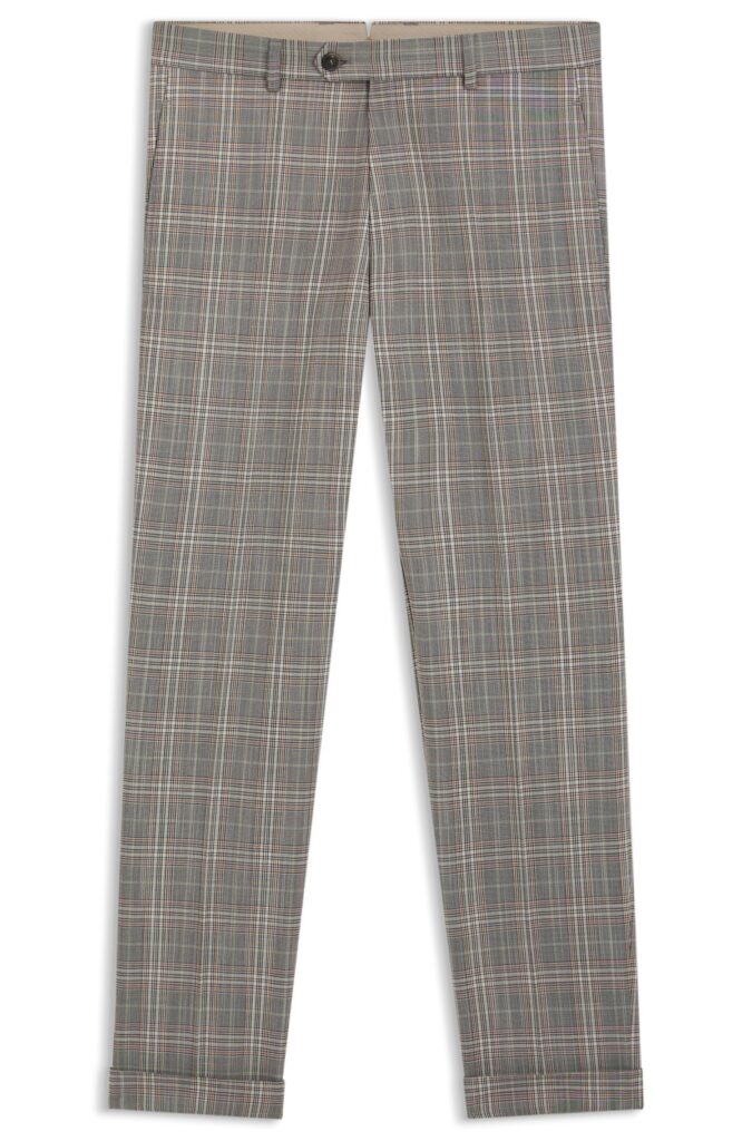 Tapered-fit trousers in checked virgin wool and silk, Brown Patterned