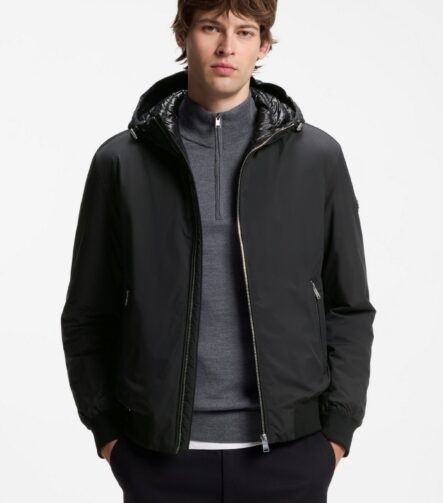 Water-repellent hooded bomber jacket with down filling, Black