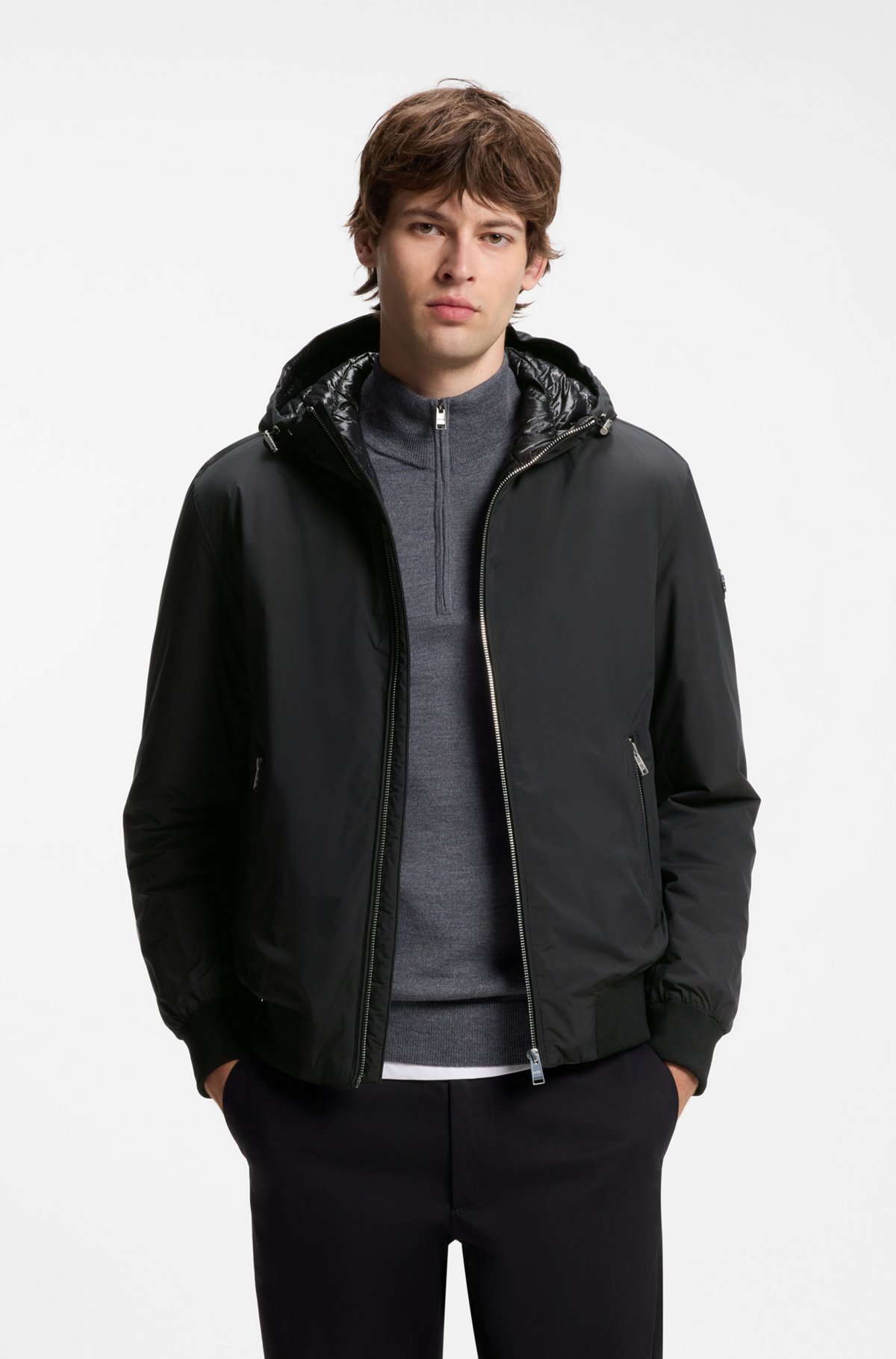 hbeu50547425_001-1 Water-repellent hooded bomber jacket with down filling, Black