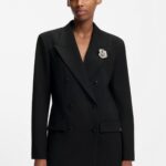 Oversized-fit blazer with rhinestone lapel brooch, Black