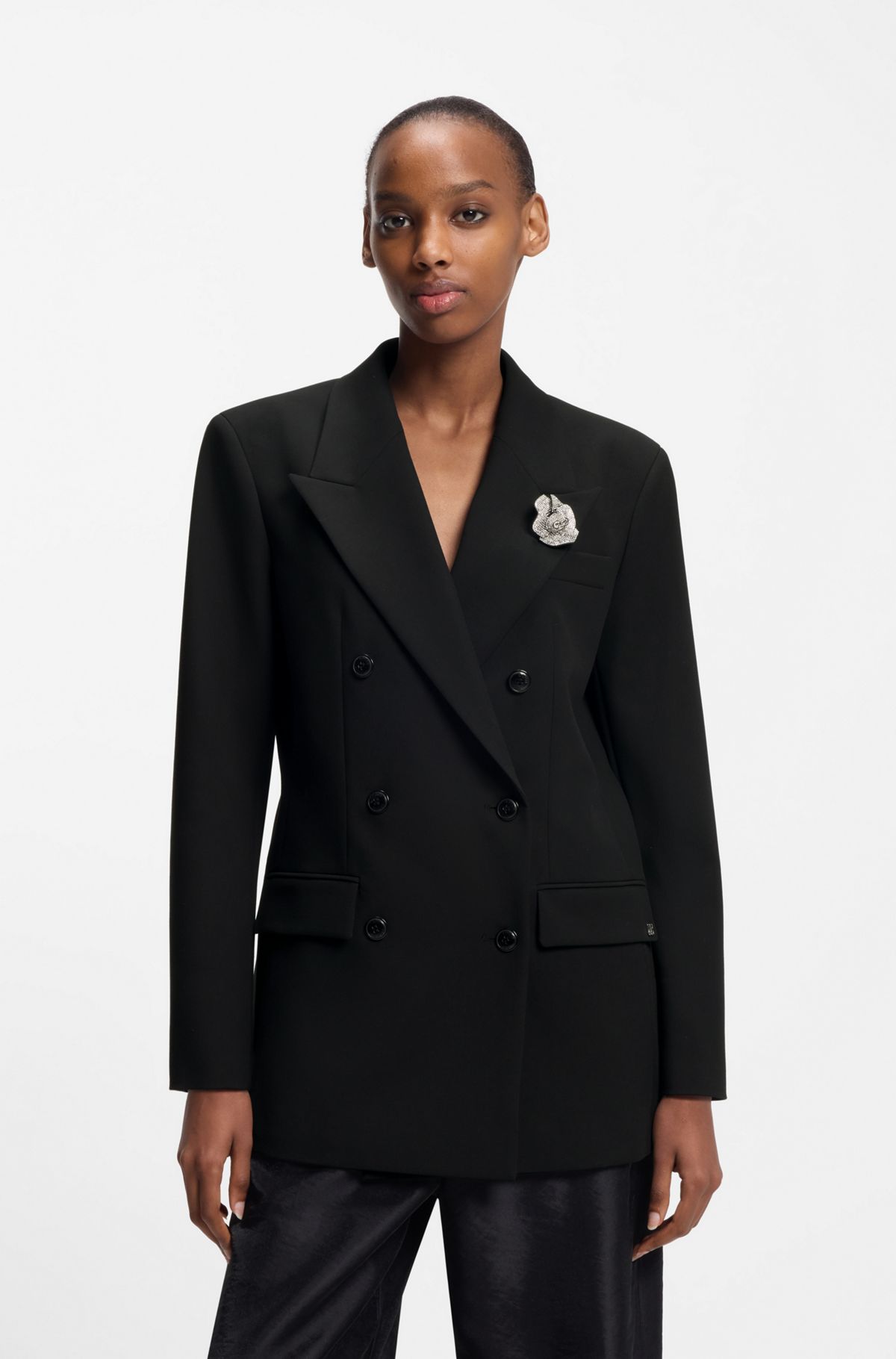 hbeu50547694_001 Oversized-fit blazer with rhinestone lapel brooch, Black