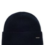 Knitted cashmere beanie with metal logo plaque, Dark Blue