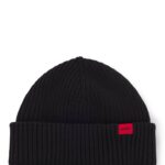 Ribbed wool-blend beanie hat with red logo label, Black