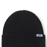 Rib-knit beanie hat with logo label, Black
