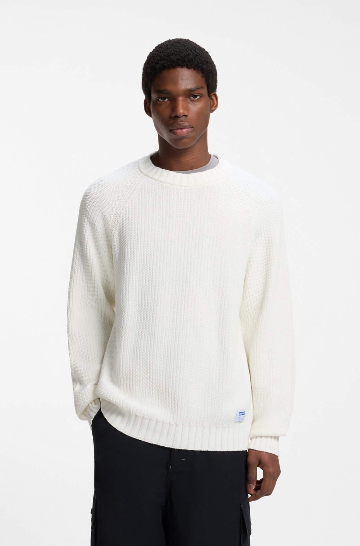 hbeu50551398_121-1 Relaxed-fit cotton sweater with raglan sleeves, Natural