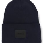 Cotton beanie hat with logo label, Dark Blue