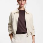 Regular-fit zip-up jacket in crepe fabric, Natural