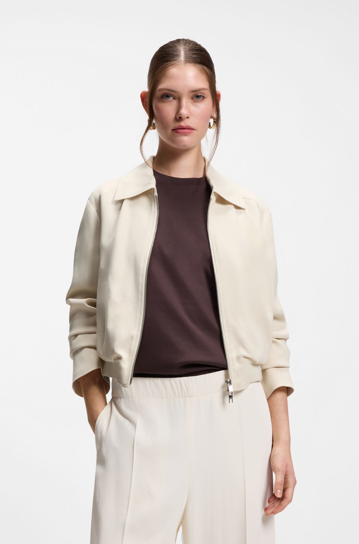 hbeu50551922_131 Regular-fit zip-up jacket in crepe fabric, Natural