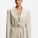 Oversized-fit blazer with belt, Light Beige