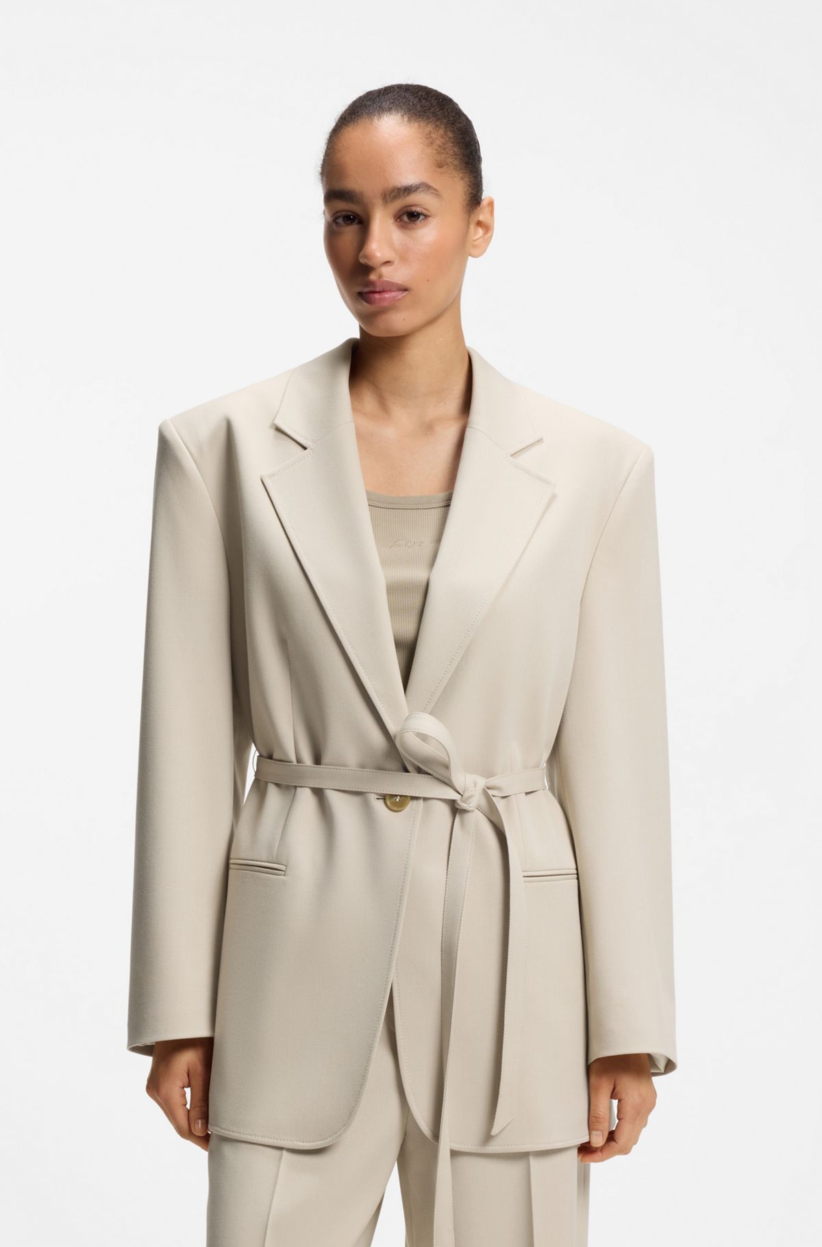 hbeu50553592_288 Oversized-fit blazer with belt, Light Beige
