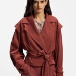 Cropped trench jacket with belt, Dark Red
