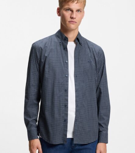 Regular-fit shirt in checked stretch-cotton dobby, Blue Patterned