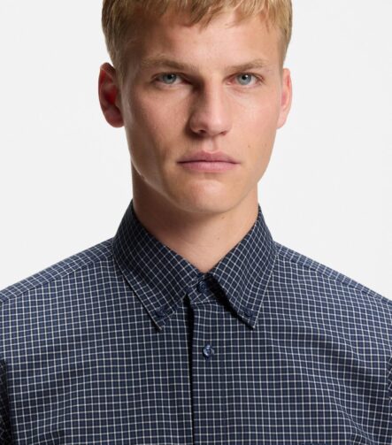 Regular-fit shirt in checked stretch-cotton dobby, Blue Patterned