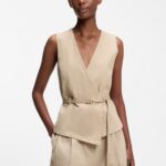 Belted regular-fit vest in cotton and hemp, Light Beige