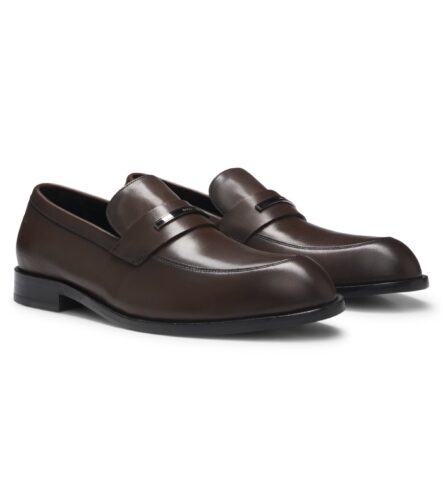 Leather loafers with branded metal trim, Dark Brown