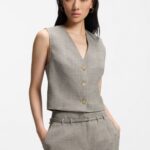 Cropped waistcoat in a wool blend, Beige Patterned