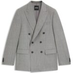 Double-breasted suit jacket in striped virgin wool, Grey Patterned