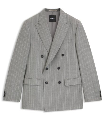 Double-breasted suit jacket in striped virgin wool, Grey Patterned