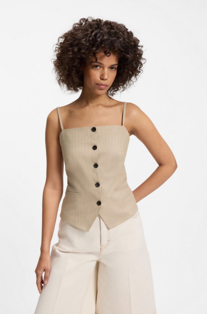 Waistcoat-style slim-fit top with sparkling pinstripe, Beige