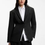 Relaxed-fit blazer in seersucker with chain belt, Black