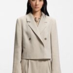 Cropped blazer in a herringbone-patterned linen blend, Light Beige