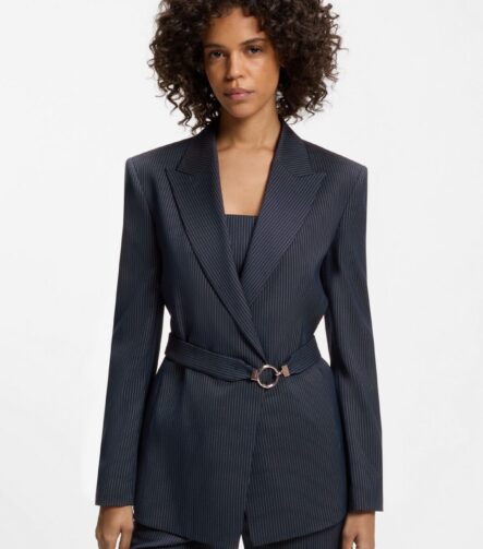Regular-fit blazer with buckled belt, Blue stripes