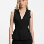 Sharp-fit waistcoat with peplum hem, Black