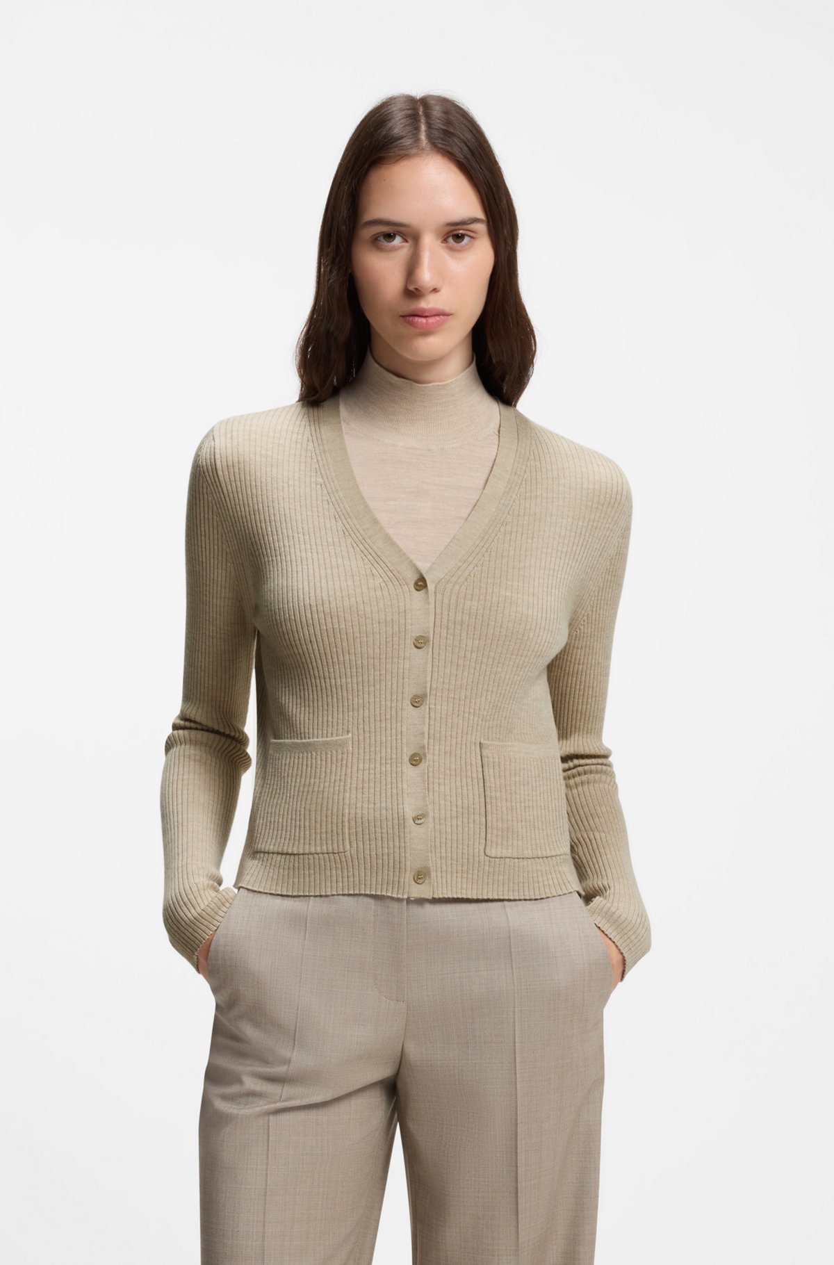 hbeu50567355_116-1 Virgin-wool cardigan, Light Beige