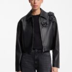 Faux-leather jacket with floral embellishments, Black