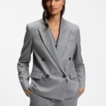 Double-breasted regular-fit blazer in melange flannel, Grey