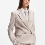 Double-breasted regular-fit blazer in melange flannel, Natural