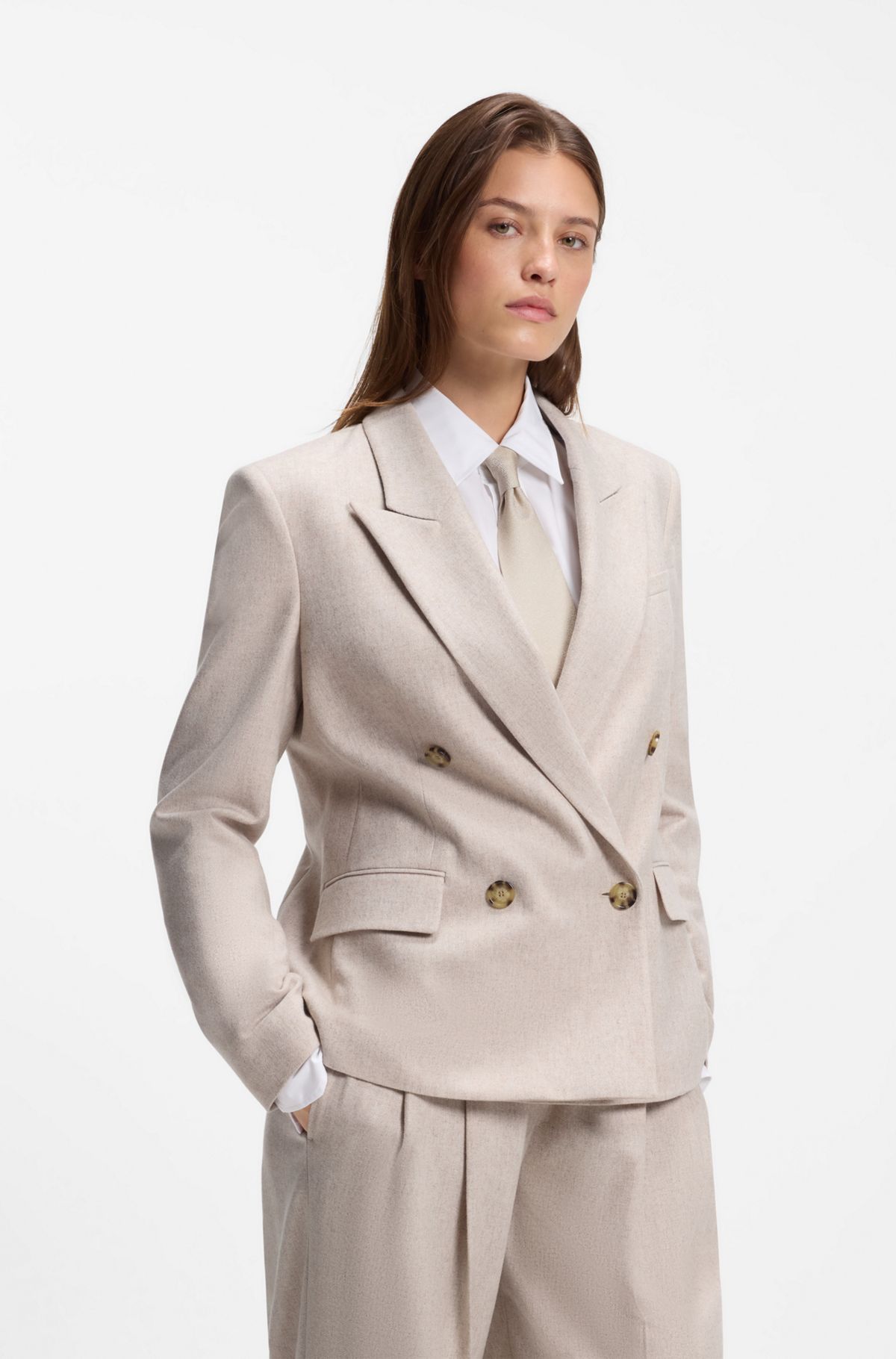 hbeu50569388_116 Double-breasted regular-fit blazer in melange flannel, Natural