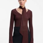 V-neck sweater with detachable scarf, Dark Brown