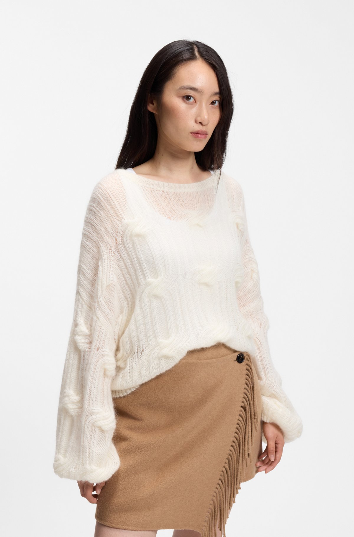 hbeu50569870_118-1 Oversized-fit sweater with cable-knit structure, Natural