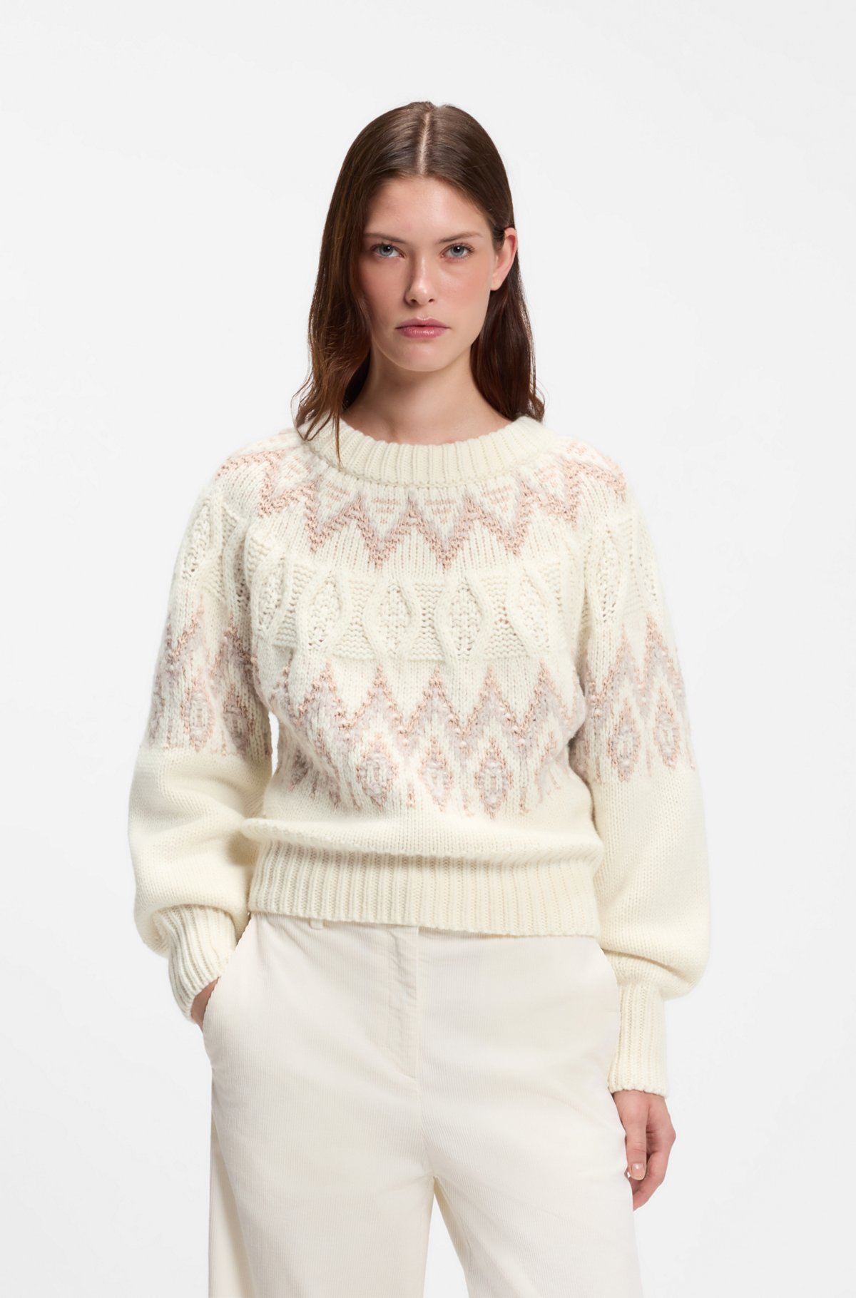 hbeu50569893_962-1 Knitted sweater with Fair Isle pattern, Light Beige
