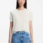 Short-sleeved sweater in a wool-cashmere blend, Natural