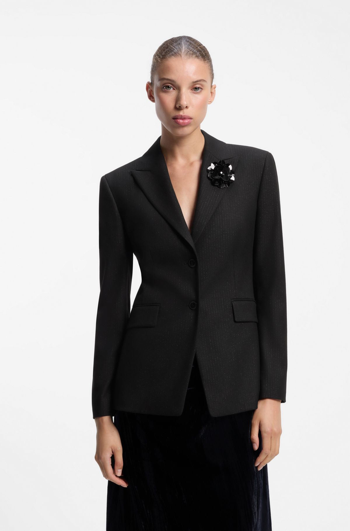 hbeu50570535_965 Regular-fit pinstripe blazer with sequin brooch, Black