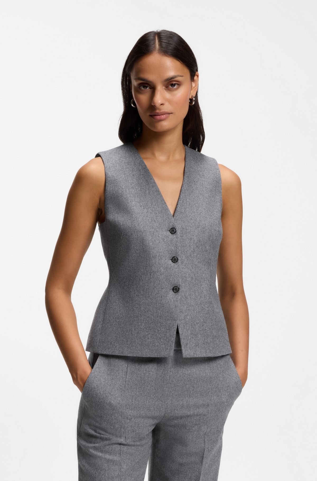 hbeu50571310_081 Slim-fit melange waistcoat in soft wool flannel, Grey