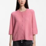 Relaxed-fit cardigan in textured fabric with wool, Pink